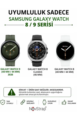NovStrap Samsung Galaxy Watch 9 40mm 44mm ile Uyumlu Kordon Dikişli Silikon Kayış Tam Uyumlu Pimli