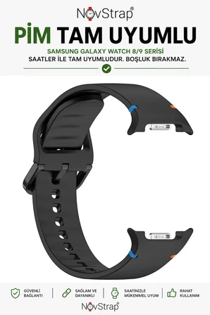 NovStrap Samsung Galaxy Watch 9 40mm 44mm ile Uyumlu Kordon Dikişli Silikon Kayış Tam Uyumlu Pimli
