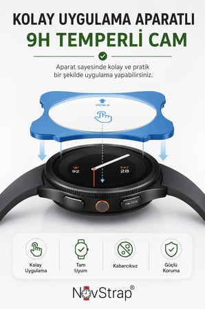 NovStrap Samsung Galaxy Watch 9 40mm ile Uyumlu 9H Temperli Cam Ekran Koruyucu Uygulama Aparatlı