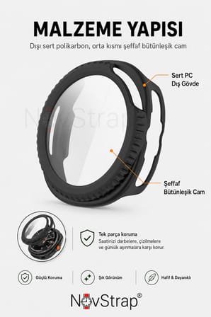 NovStrap Samsung Galaxy Watch 8 Classic 46mm ile Uyumlu Sert PC Kasa ve Cam Ekran Koruyucu