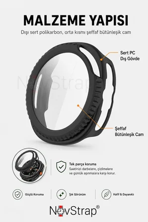 NovStrap Samsung Galaxy Watch 8 Classic 46mm ile Uyumlu Sert PC Kasa ve Cam Ekran Koruyucu