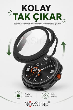 NovStrap Samsung Galaxy Watch 8 Classic 46mm ile Uyumlu Sert PC Kasa ve Cam Ekran Koruyucu