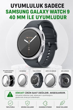 NovStrap Samsung Galaxy Watch 9 40mm ile Uyumlu Kılıf Sert PC Kasa ve Cam Ekran Koruyucu 360 Tam Koruma