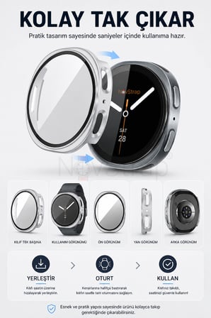 NovStrap Samsung Galaxy Watch 9 40mm ile Uyumlu Kılıf Sert PC Kasa ve Cam Ekran Koruyucu 360 Tam Koruma