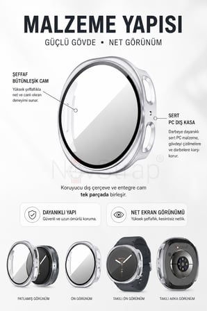 NovStrap Samsung Galaxy Watch 9 40mm ile Uyumlu Kılıf Sert PC Kasa ve Cam Ekran Koruyucu 360 Tam Koruma