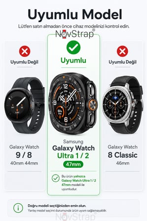 NovStrap Samsung Galaxy Watch Ultra / Ultra 2 47mm ile Uyumlu Sert PC Kasa Koruyucu 360 Tam Koruma