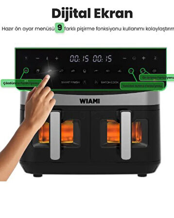 Wiami Airfryer 9 Lt Çift Sepet Camlı Akıllı Yağsız Hava