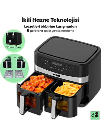 Wiami Airfryer 9 Lt Çift Sepet Camlı Akıllı Yağsız Hava