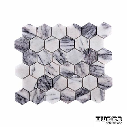 Tuqco Doğal Taş 2 inch Fileli Hexagon Leylak Cilalı Mermer Mozaik Banyo Mutfak Tezgah Arası Duvar Kaplama Döşeme Paneli