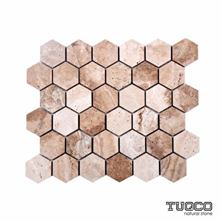 Tuqco Doğal Taş 2 inch Fileli Hexagon Traverten Valencia Honlu Mermer Mozaik Banyo Mutfak Tezgah Arası Duvar Kaplama Döşeme Paneli