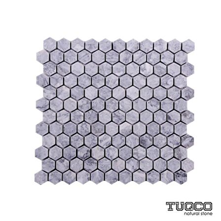 Tuqco Doğal Taş 1 inch Fileli Hexagon Gümüş Eskitme Mermer Mozaik Banyo Mutfak Tezgah Arası Duvar Kaplama Döşeme Paneli