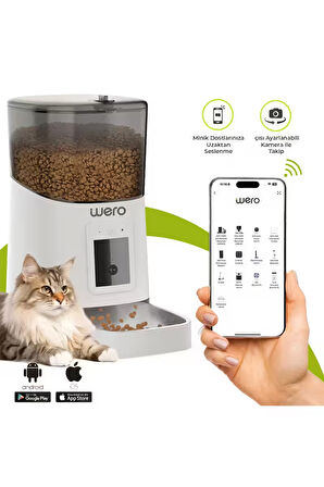 	Wero Akıllı Kedi/Köpek Mama Kabı Pro (Geliştirilmiş 2025 versiyon) 1080p Ayarlanabilir Kamera, 6 Lt, Wifi Kontrol, Pet Feeder, Metal Kase, Beyaz