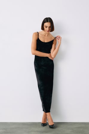 Sateen Askılı Kadife Elbise 1294-3504