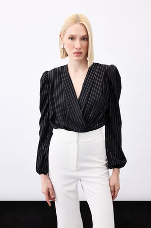 Parlak Çizgili Bodysuit Bluz - Siyah