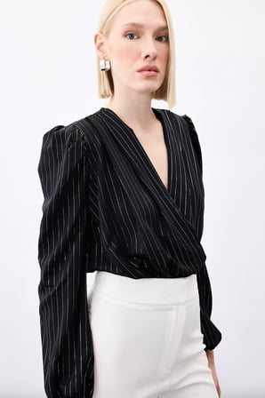 Parlak Çizgili Bodysuit Bluz - Siyah