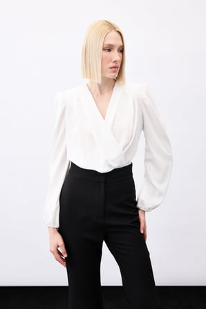 Parlak Çizgili Bodysuit Bluz - Ekru