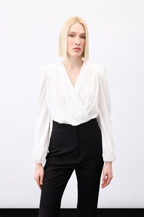 Parlak Çizgili Bodysuit Bluz - Ekru