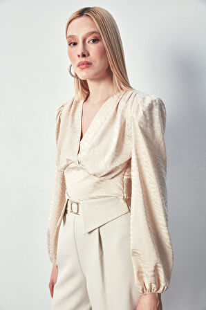 Desenli Kruvaze Saten Bluz - BEJ