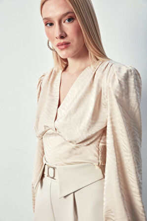 Desenli Kruvaze Saten Bluz - BEJ