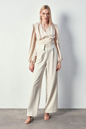 Desenli Kruvaze Saten Bluz - BEJ