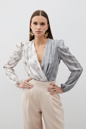 Çift Desenli Kruvaze Bodysuit Bluz