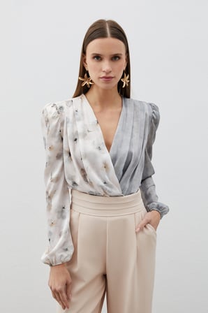 Çift Desenli Kruvaze Bodysuit Bluz