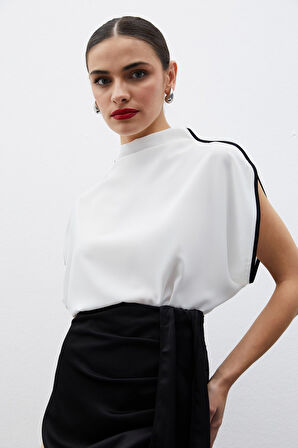 Boğazlı Kontrast Bluz - EKRU