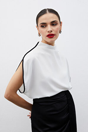 Boğazlı Kontrast Bluz - EKRU