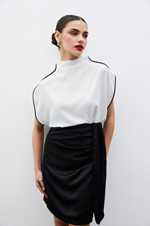 Boğazlı Kontrast Bluz - EKRU