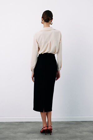 Sateen Kadın Düğme Detaylı Tüvit Kalem Etek 1548-4511