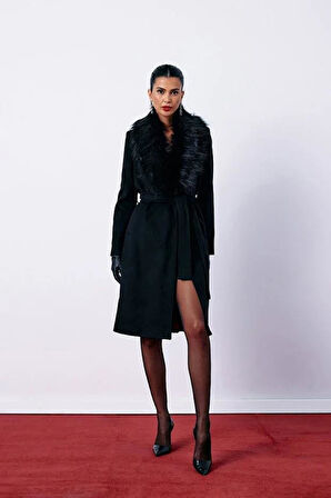 Sateen Kadın Kürklü Kaşe Uzun Kaban 1575-6527