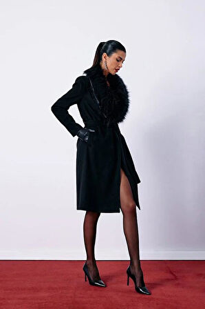 Sateen Kadın Kürklü Kaşe Uzun Kaban 1575-6527