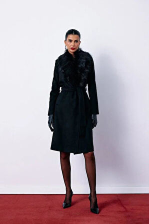 Sateen Kadın Kürklü Kaşe Uzun Kaban 1575-6527