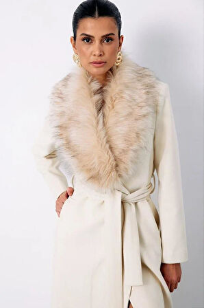 Sateen Kadın Kürklü Kaşe Uzun Kaban 1575-6527