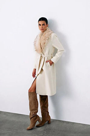 Sateen Kadın Kürklü Kaşe Uzun Kaban 1575-6527