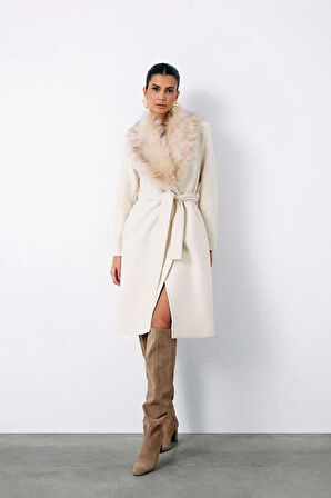 Sateen Kadın Kürklü Kaşe Uzun Kaban 1575-6527