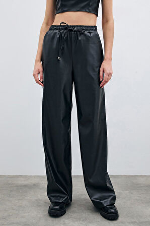 Sateen Kadın Beli Lastikli Deri Pantolon 1613-5531