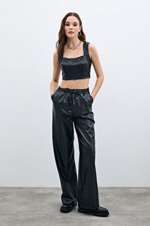 Sateen Kadın Beli Lastikli Deri Pantolon 1613-5531