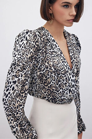 Sateen Kadın Leopar Desenli Bluz 1618-1540
