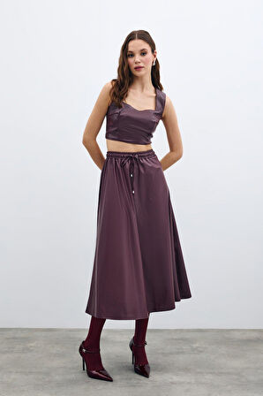 Saten Kadın Beli Lastşkli Deri Etek 1621-4521