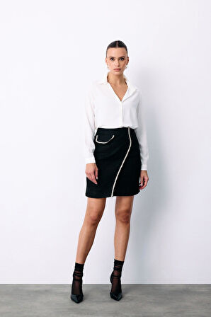 Sateen Kadın Önü Şerit Aksesuarlı Etek 1630-4525