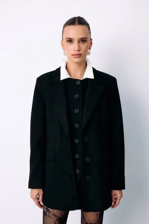 Sateen Düğmeli Süet Ceket - Siyah