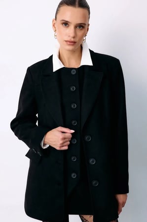 Sateen Düğmeli Süet Ceket - Siyah