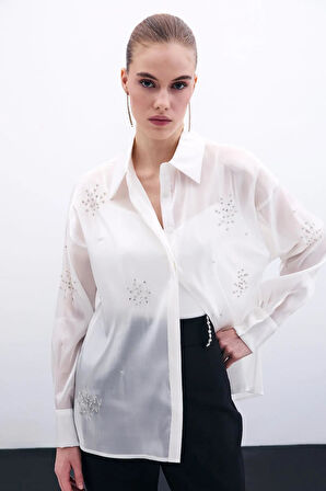 Sateen İşleme Detaylı Orgenze Kadın Gömlek 1686-2536