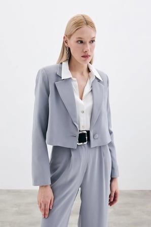Sateen Kısa Krep Ceket - Gri