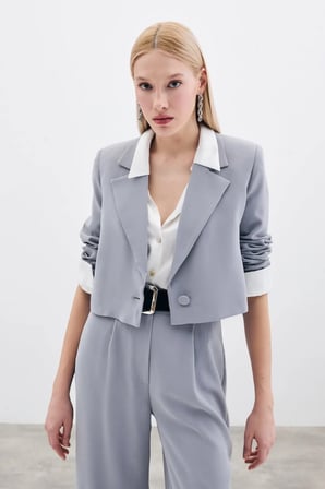 Sateen Kısa Krep Ceket - Gri