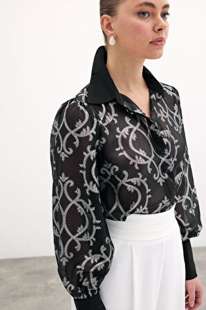 Sateen Desenli Şifon Kadın Gömlek 1702-2538