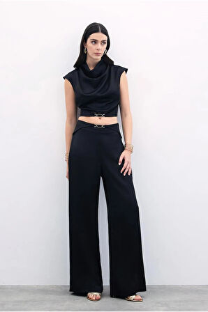 Sateen Beli Toka Detaylı Saten Pantolon 1740-5001