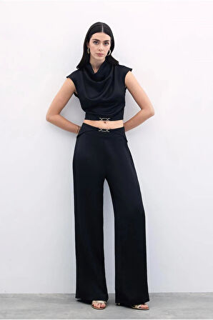 Sateen Beli Toka Detaylı Saten Pantolon 1740-5001