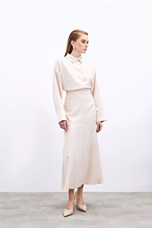 Sateen Kesik Detaylı Saten Uzun Etek 1743-4002